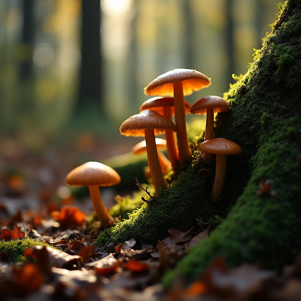 Funghi selvatici che crescono naturalmente su tronco in decomposizione nel bosco