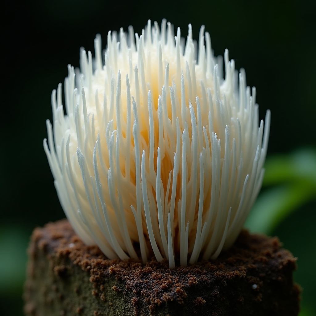 Hericium erinaceus con caratteristiche spine bianche su blocco di substrato