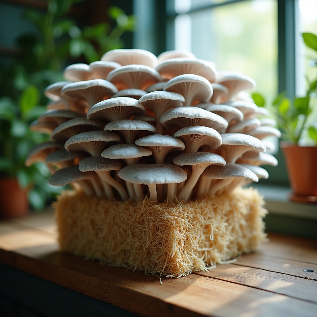 Grappolo abbondante di pleurotus ostreatus su paglia pastorizzata